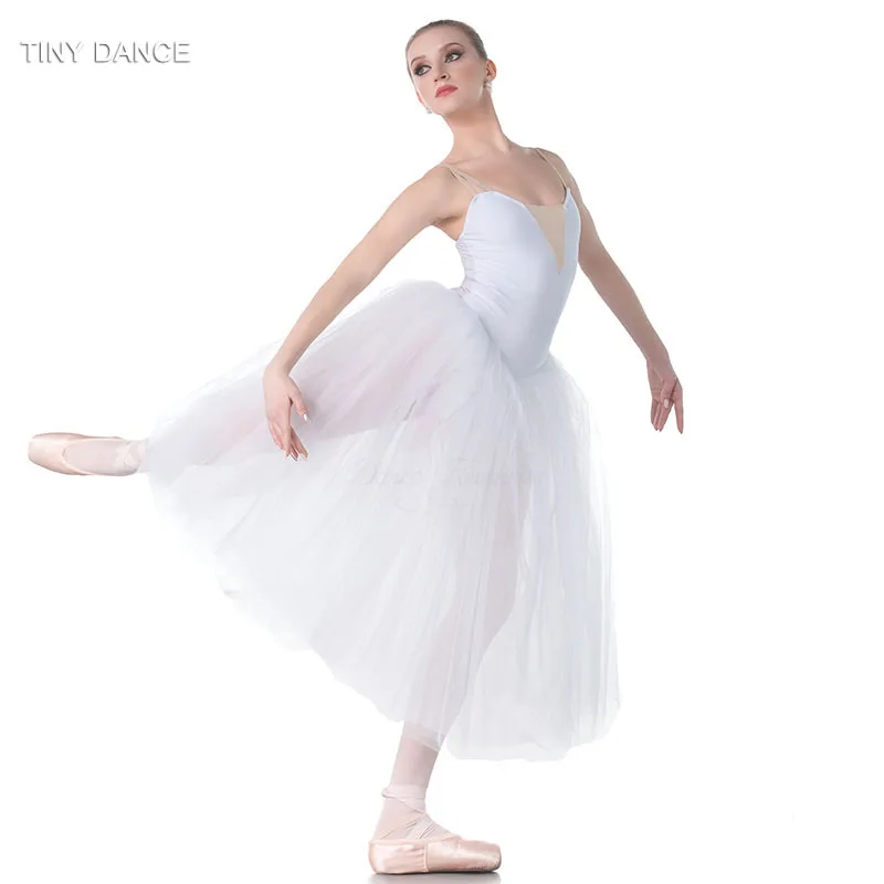 Детский и на взрослого танцевальный балетный костюм белая длинная романтическая пачка с 5 слоями длинное Тюлевое платье для балерины танцев 18008