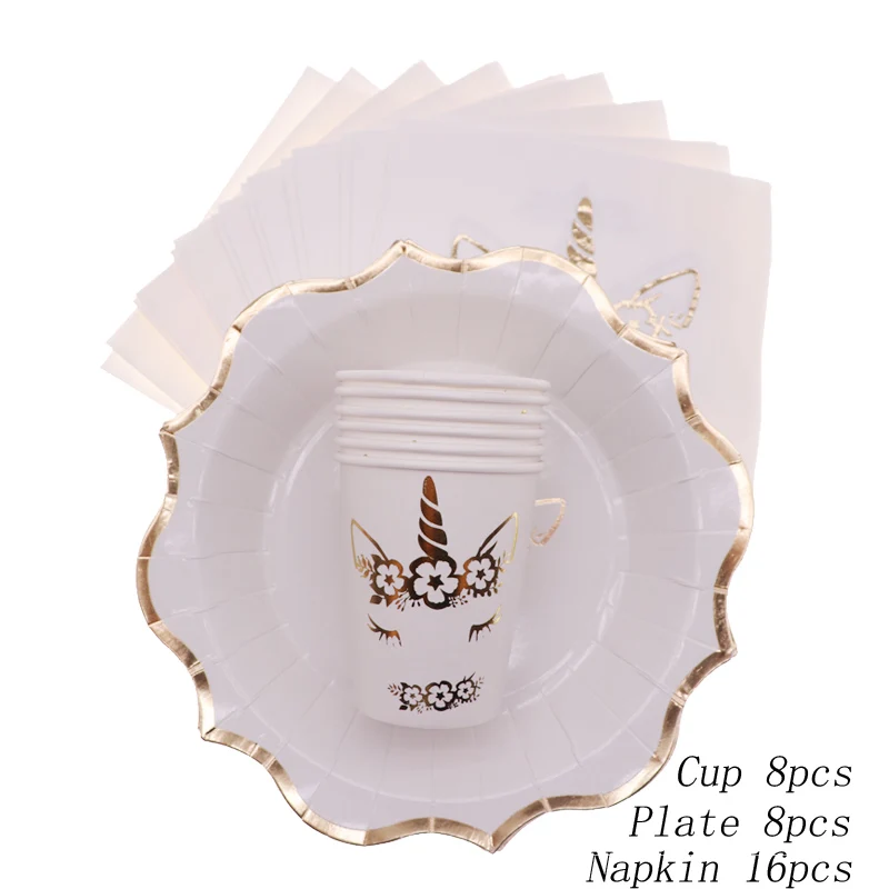 Единорог золочение алюминиевой фольги картонная тарелка украшения одноразовые посуда обеденные салфетки торт Свадебная вечеринка поставки - Цвет: Set 32pcs