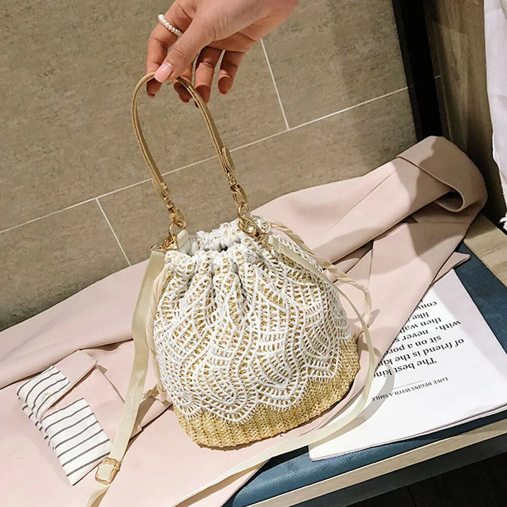 

Women Fashion Straw Knitting Messenger Bucket Bag Lady Travel Summer Beach Rattan Wicker Weave String Shoulder Tote Handbag New