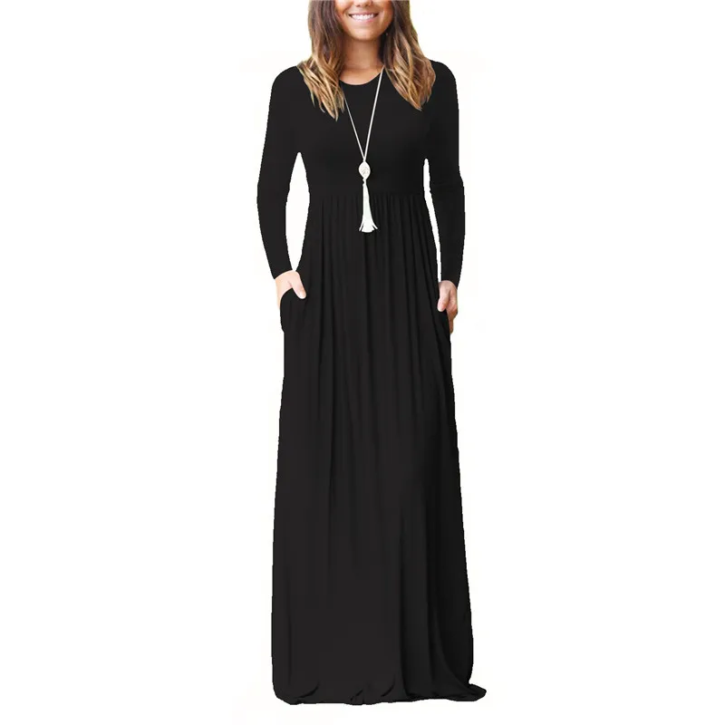 

Long Sleeve Casual Pockets Dress Streetwear O-Neck Black Red Blue Long Dress 2019 New Autumn Women Loose Maxi Dress Vestidos