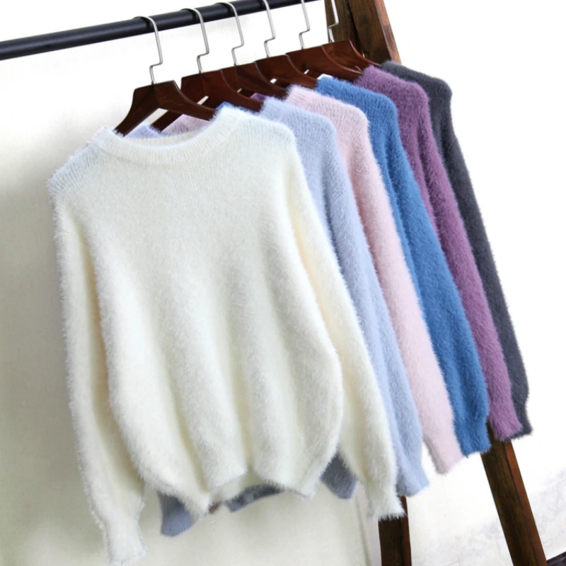 

Winter Thick Mohair Hairy Sweaters Pullovers Women Warm Smooth Casual Loose O-neck Long Sleeve Sweater Pullover Tops Muti Color