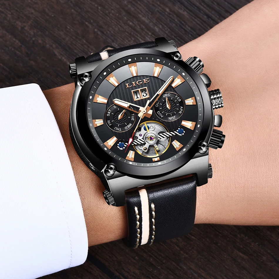 LIGE новые мужские часы лучший бренд класса люкс автоматические механические часы мужские кожаные водонепроницаемые спортивные наручные часы Relogio Masculino