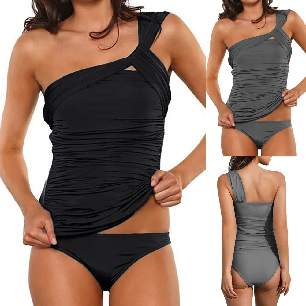 

swimsuit bikini women's swimming suit swimwear women Swimsuit Two Piece Ruched Tankini One Shoulder Keyhole Low Waist Bottoms