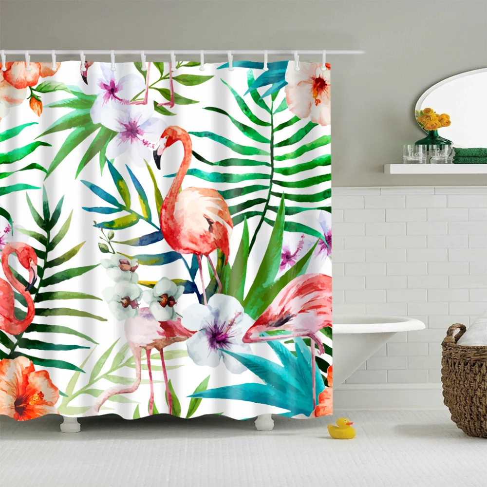 Pink Flamingos Shower Curtain, Sunset Lake Landscape Polyester Fabric
