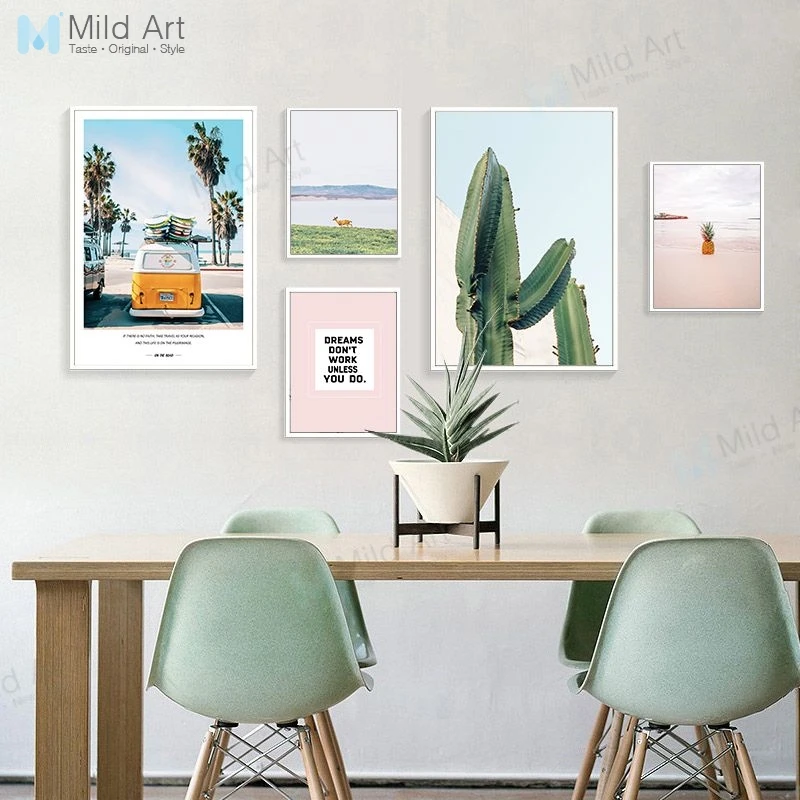 

Green Cactus Deer Bus Travel Sea Landscape Posters Prints Scandinavian Living Room Wall Art Pictures Home Decor Canvas Paintings