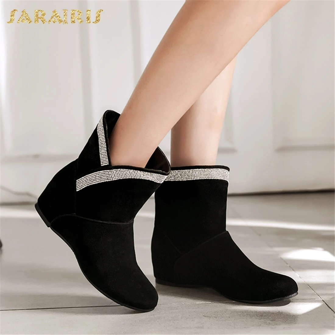 

SARAIRIS 2018 Plus Size 30-50 New Fashion Increasing Heels Shoes Woman Boots Slip On Black Red Gray Ankle Boots Woman Shoes