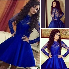 Langarm Royal Blue Kurze Brautkleider 2016 Fashion Appliques-spitze Günstige Stain Knielangen Homecoming Kleider Für Mädchen Party