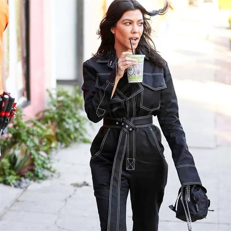 2018 Autumn Winter Women Denim Jumpsuits Fashion One Piece Jeans Rompers Slim Solid Ankle Length Pants With Belts Formal Pants