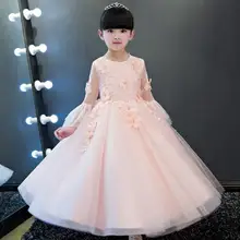 Элегантное милое розовое Сетчатое платье с длинными рукавами и аппликацией в виде цветка для девочек детское платье для дня рождения, выпускного, первого причастия
