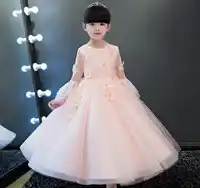 Elegant Sweet Pretty สีชมพูตาข่าย Appliques แขนยาวชุดเด็กทารกวันเกิด Party Prom First Communion ชุด