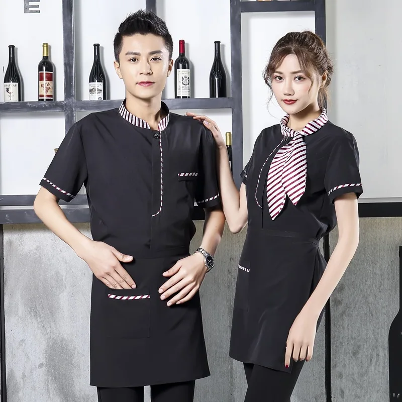 Отель Restaurante униформа официанта летнее кафе Кухня форму официантки Worker Outfit короткий рукав молочно-Чай Кофе комбинезоны 90