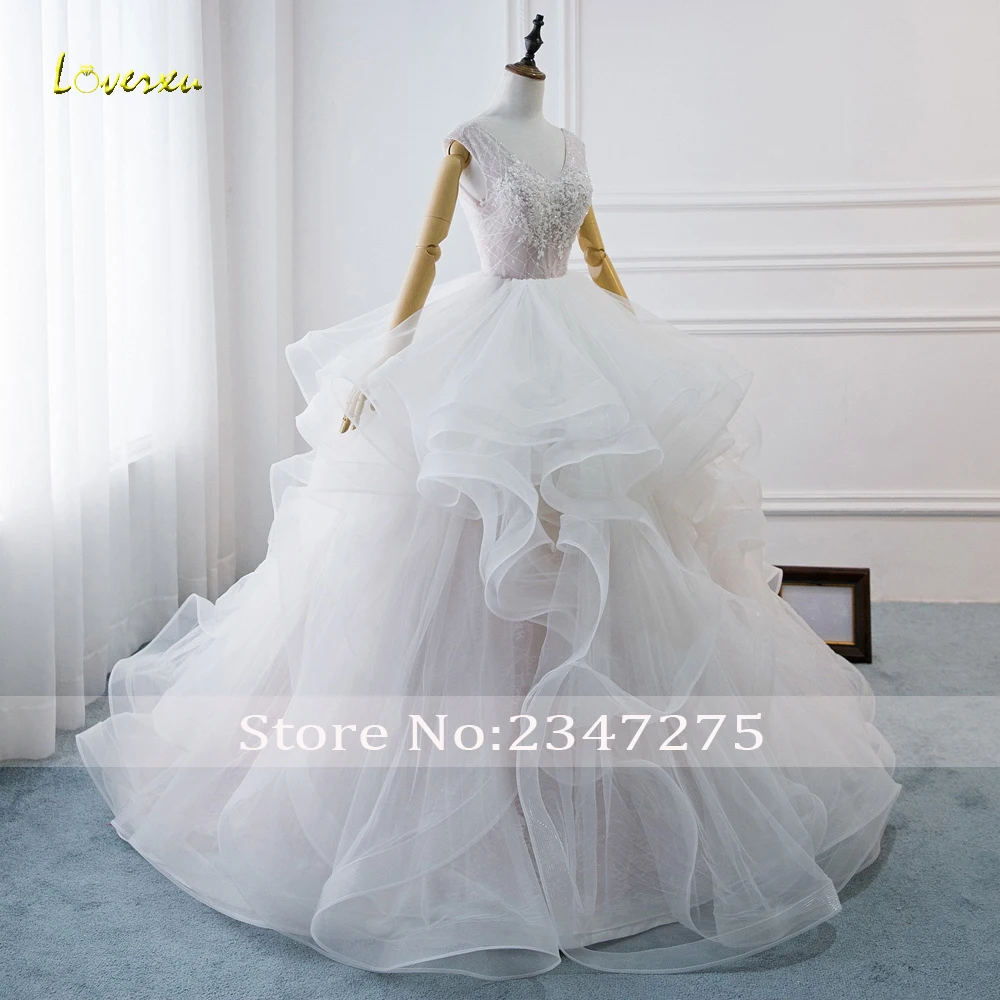 Loverxu Vestido De Noiva, кружевное бальное платье с оборками, свадебное платье, сексуальное, с открытой спиной, с v-образным вырезом, со шлейфом, с аппликацией, свадебное платье с бисером