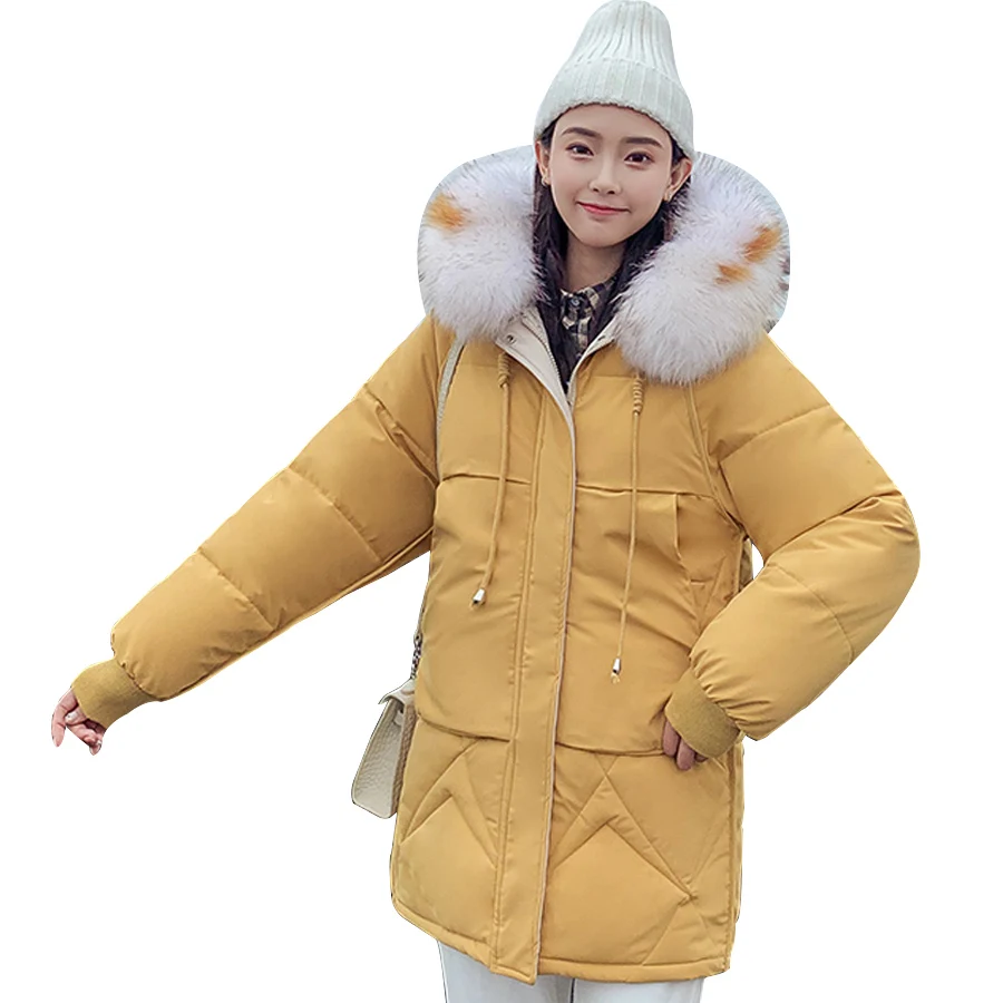 Candy colors winter coat women fashion large fur collar hooded thick warm jacket women Medium long parka outwear plus size