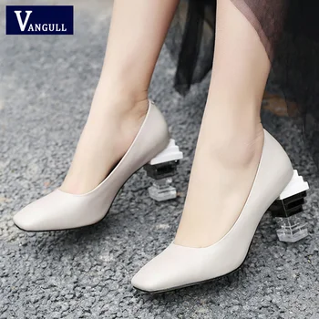 

Vangull Genuine Leather Pumps Women High Heels Fashion Square Toe Solid Slip-on Crystal Heels Women Shoes Spring Office Lady New