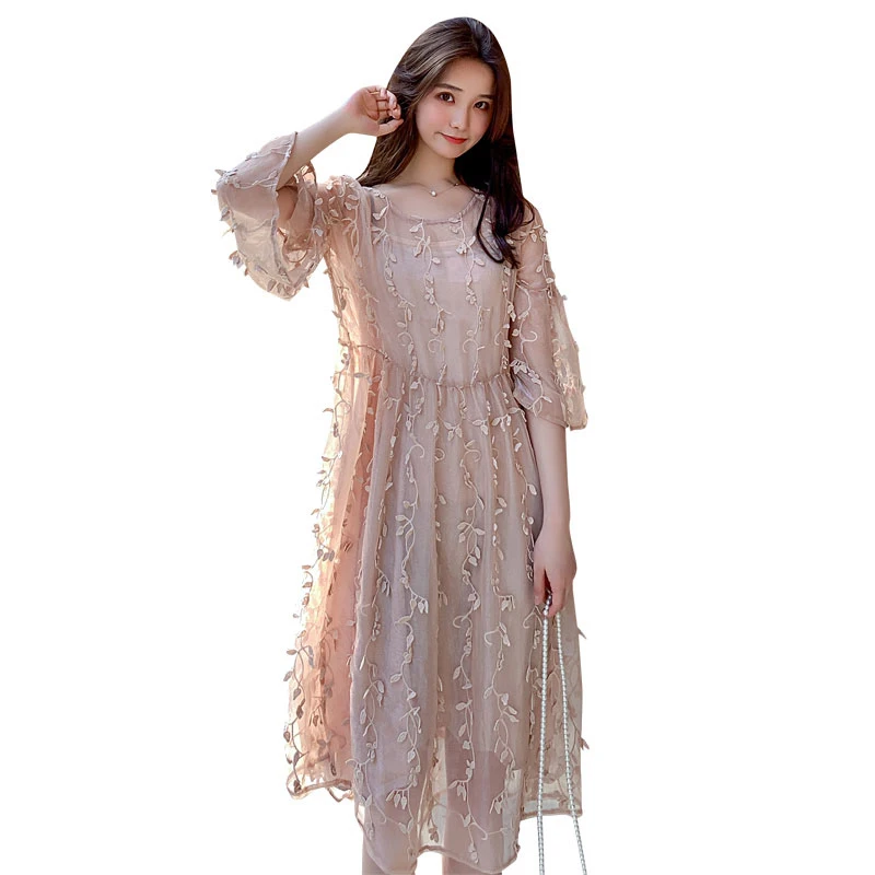 

Summer Plus Size Loose Midi Long Dress for Pregnant Women Elegant Cute Embroidery Lace Dresses Maternity Clothes Khaki Tank Set