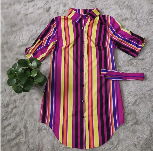 Women Casual Blouse Color Strips half Sleeve Work Shirts Ladies Slim Elegant Tops Striped tshirt with waist belt
