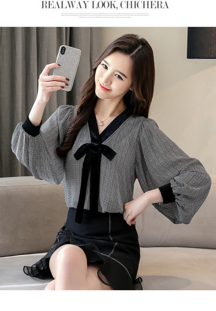 Black Plaid Shirts Women Autumn Bow V-Neck Blouses Womens Tops Elegant Long Sleeve Chiffon Blouse Autumn Tops Blusas Mujer 2019 (7)