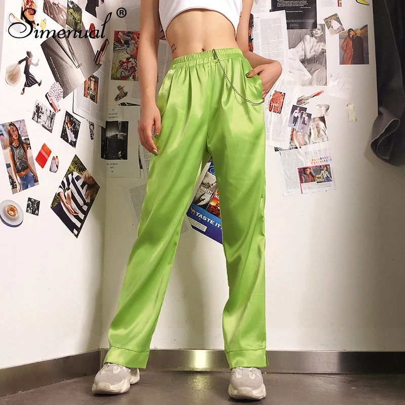 Simenual Solid Green High Waist Pants Women Casual Streetwear Satin Long Trousers Slim Basic Fashion 2019 Slik straight Pants Simenual Solid Green High Waist Pants Women Casual Streetwear Satin Long Trousers Slim Basic Fashion 2019 Slik straight Pants