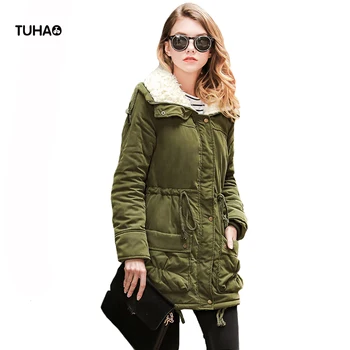 

TUHAO Winter Coat Women Slim Fit Faux Cashmere Liner Fleece Jackets Turn Down Collar Zipper Drawstring Waist Casual Tops TP8018