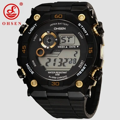 Новинка года Ohsen цифровой бренд ЖК-дисплей для мальчиков мужские наручные часы резиновый ремешок будильник Дата черный Открытый Дайвинг спортивные часы для мужчин подарки - Цвет: Золотой