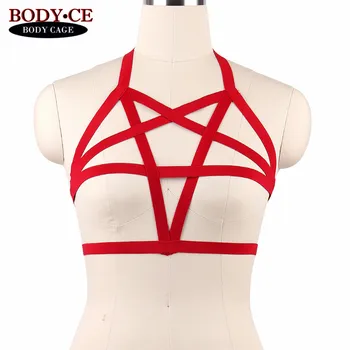 

Womens Sexy Goth Body Harness Lingerie Bondage Bra Red Elastic Strappy Tops Cage Halter Bustier Burlesque dance dress RaveWear