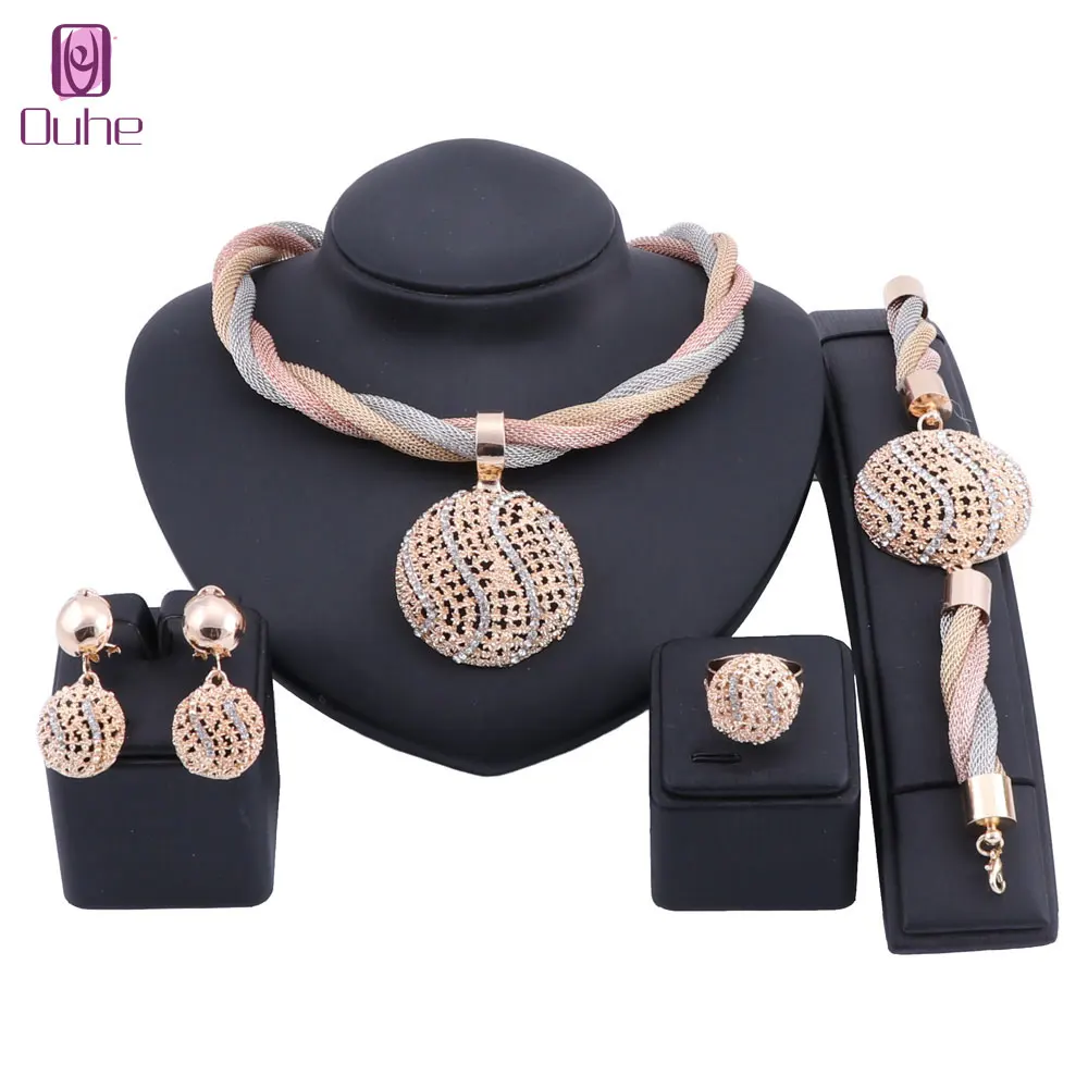 

Exquisite Dubai gold 3 Colors Necklace Jewelry Set Wholesale Nigerian Woman Wedding African Beads Jewelry Set Costume Design