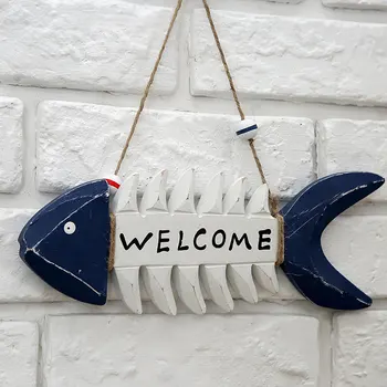 

1pc "WELCOME" Wooden Fish Skeleton Hanging Mediterranean Style Natical Wall Decor With Hemp Rope Beach Theme Cafe Decoration