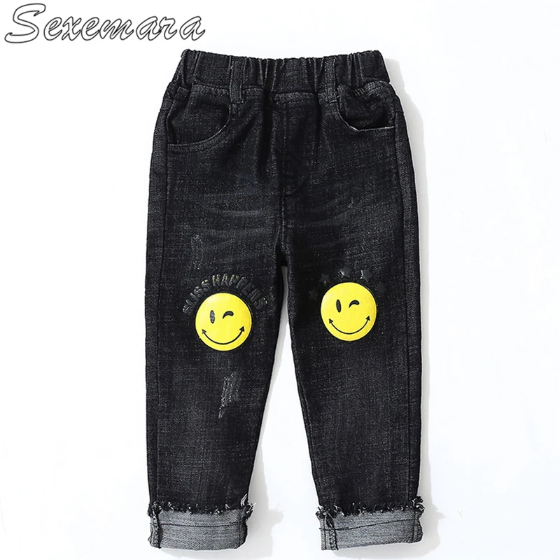 

SexeMara 2018 spring and autumn new jeans cartoon smiley print curling pants boys stretch casual pants