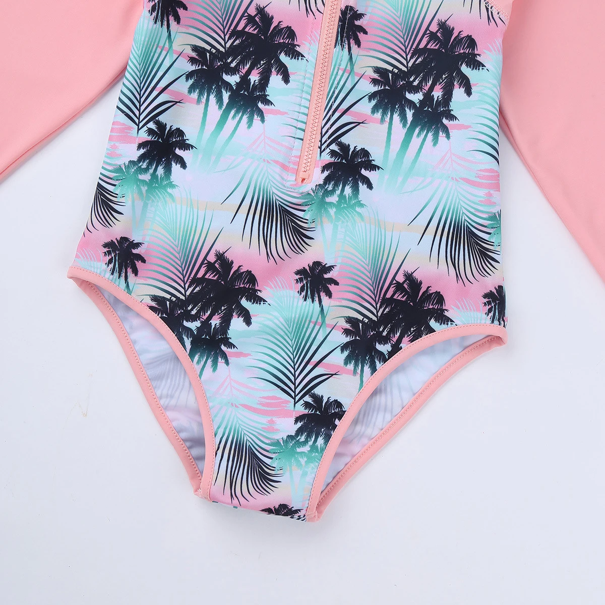 Billig Sommer Kinder Kinder Mädchen einteiliges Badeanzug Lange Ärmeln Palm Gedruckt Reißverschluss Bademode Badeanzug Rash Guard Strand Tragen