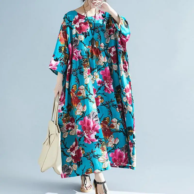 Johnature New Casual Loose Print Summer Dress Pockets Mid-calf Natural Batwing Sleeve O-neck Cotton Comfortable Women Dress