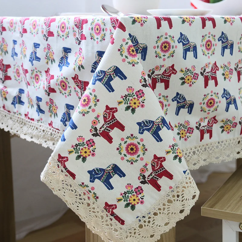 

Cute Colorful Flower Horse Printed Linen & Cotton Tablecloth Dustproof Lace Rectangular Table Cloth Wedding Home Table Cover