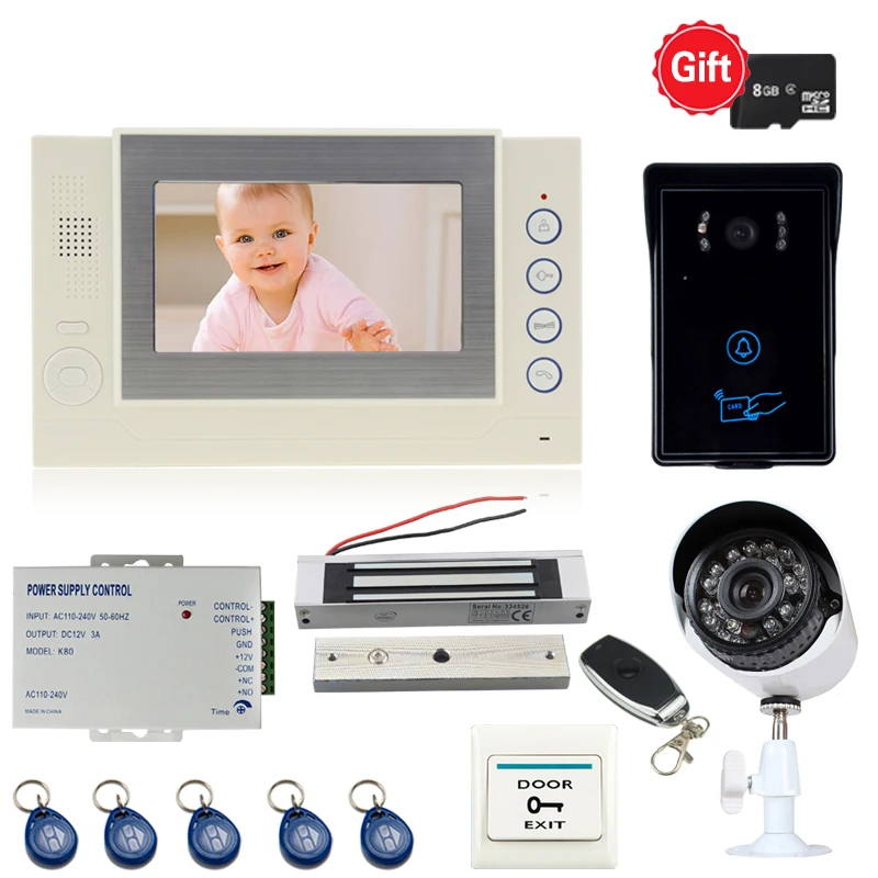 

JEX 7`` TFT Video Door Phone Doorbell Intercom system kit video record Monitor + RFID Access COMS Camera + CCTV Camera+power
