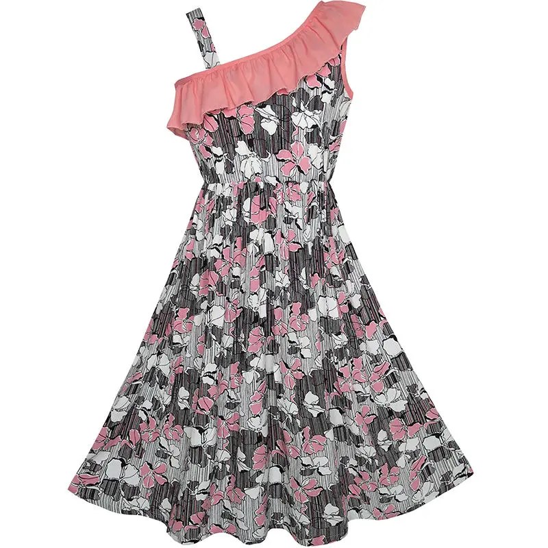 

Girls Dress One-Shoulder Flower Sundress Party Birthday Cotton 2018 Summer Princess Wedding Dresses Kids Clothes Size 7-14