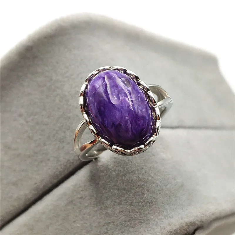 

Adjustable Ring Natural Purple Charoite Gemstone 12x9mm Beads Woman Female Engagement 925 Sterling Silver Rings Jewelry AAAA