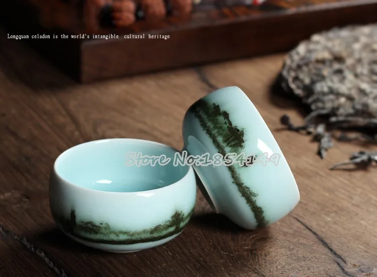 Китайский Longquan Высший сорт Celadon пейзаж КИТАЙСКИЕ чашки чаша для художественной коллекции старшим художником и ремесленником Подарочная посылка