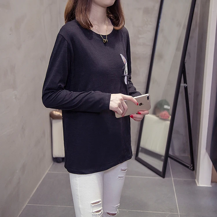 Jielur Осенняя женская футболка с вышивкой кролика милые корейские футболки с длинными рукавами белые черные футболки с круглым вырезом для девочек m-xxl