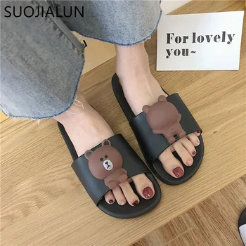 

SUOJIALUN Women Slippers Cute Cartoo Bear Sandals Summer Fashion Slip On Beach Flip Flops Women Indoor Bathroom Flat Slides