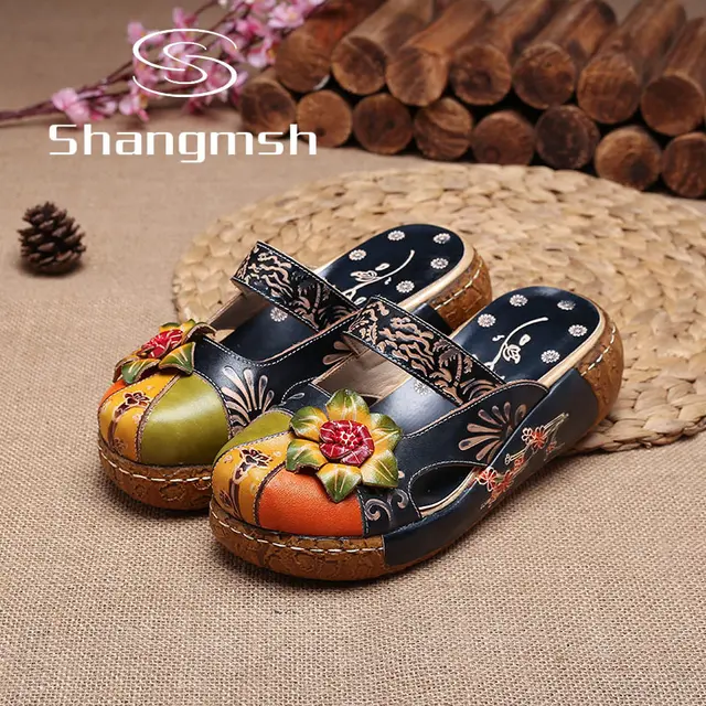 Aliexpress.com : Buy Shangmsh Flower Slides For Women 2017 Summer Retro Folk Style Genuine 