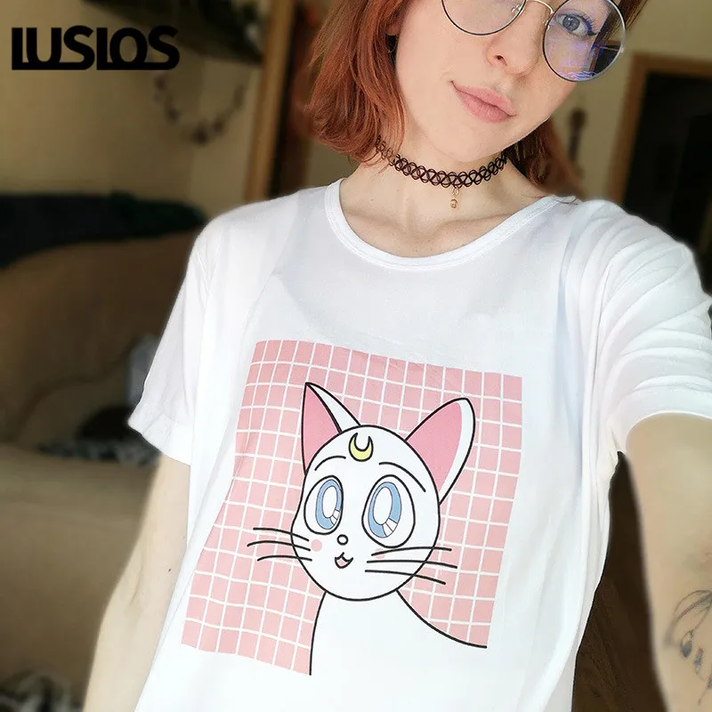 

LUS LOS Sailor Moon Artemis White Cat Printed THERE IS NO PLANET B Harajuku Tees Oversized Short Sleeves T-Shirts Soft Touch