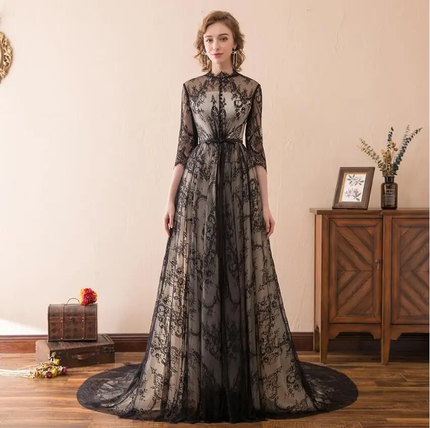 Alagirls черное кружевное вечернее платье A line Illusion кружевное вечернее платье vestido longo Новое поступление платье на выпускной платье - Цвет: Color as Picture
