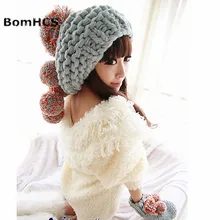 BomHCS прекрасные женские шапочки и перчатки зимние теплые вязаные шапки ручной работы с мягкими помпонами
