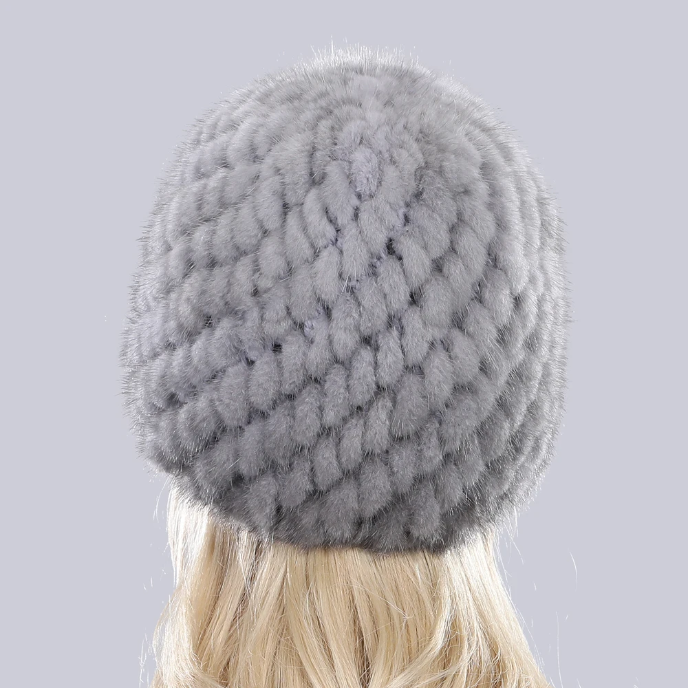 New Winter Lady Natural Mink Fur Beanies Hat Knit Warm Striped Genuine Mink Fur Caps Women Good Elastic Real Mink Fur Hat 3