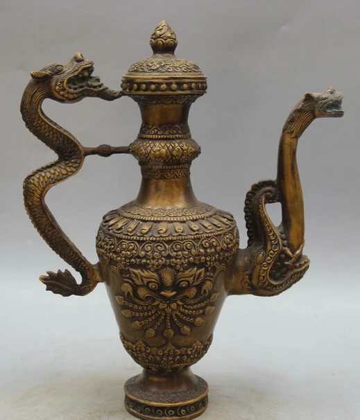 

JP S0524 12" Marked Chinese Palace Copper Beast Head Dragon Handle Wine Tea Pot Flagon