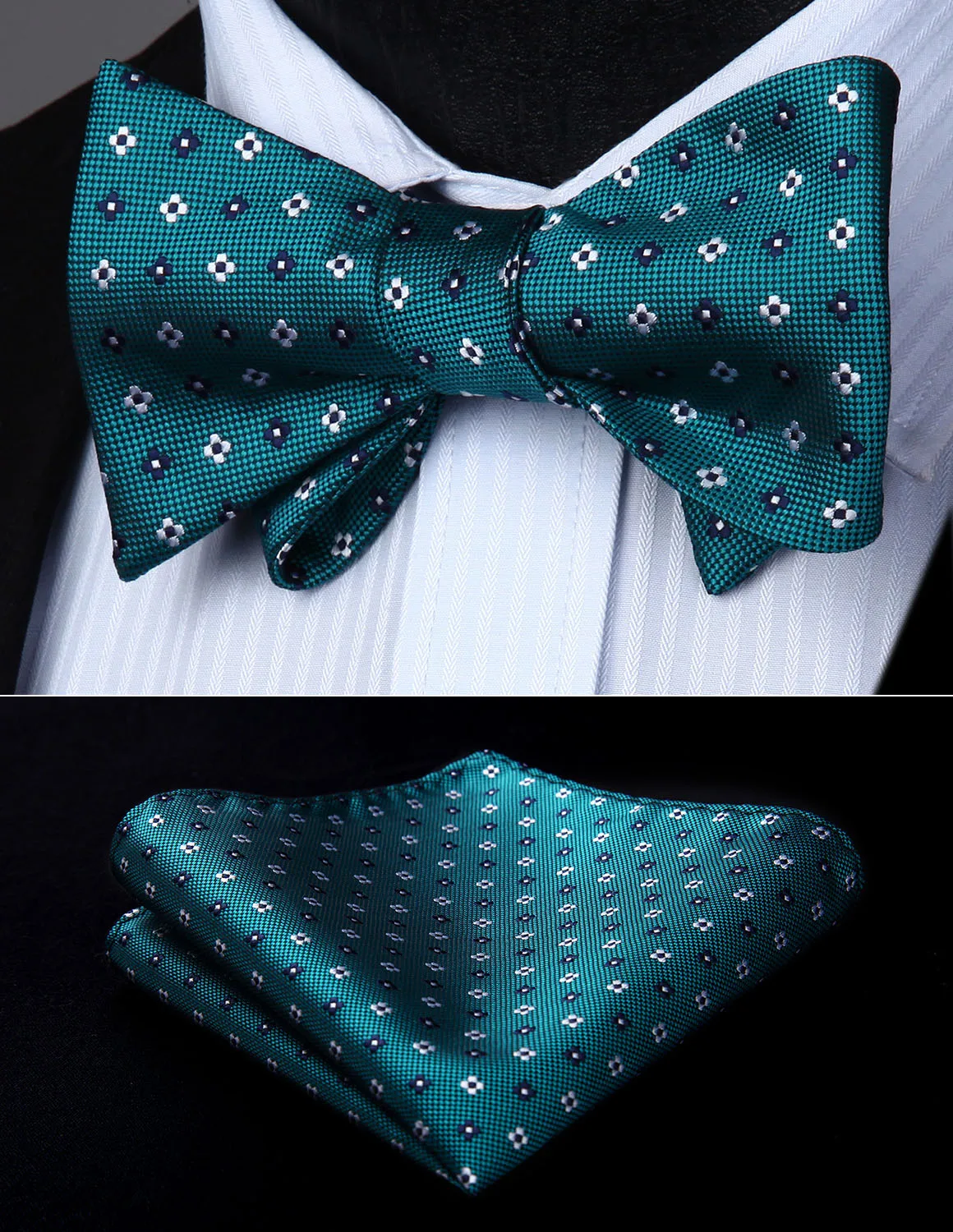 Bow Tie handkerchief set BF609QS Aqua White Polka Dot Bowtie Men