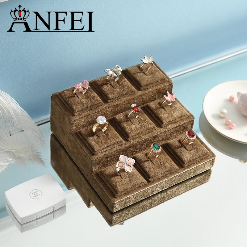 

ANFEI New Arrivals 3 Layer 9 holes Jewelry Display Stand Brown Velvet Earring Ring Display Holder For Women Box Case GD1223