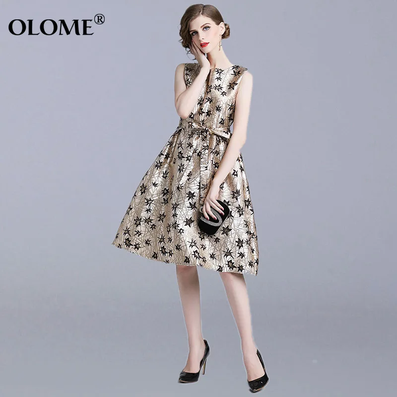 

Party Dress Women Elegant Fashion Knee-length Casual Dresses 2019 Summer Temperament Slim Sleeveless Vest Jacquard Dress Women