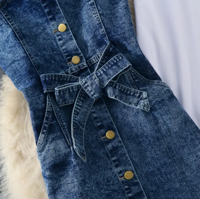 Wholesale Price bN0hz 2019 New Spring and Summer Student Girls Simple White T shirt + Strap Single Breasted Denim Dress Two piece Women's Dress Set