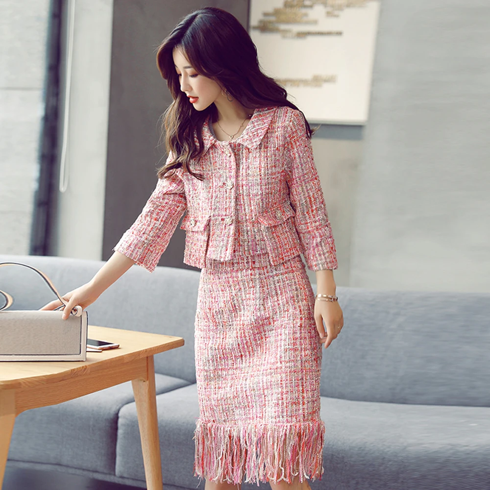 2018 Autumn Tweed Skirt Suit Set Causal Women Two Piece Set Short Jacket+Tassel Skirt 3/4 Sleeve Slim Pink Sets Woman Two Pieces