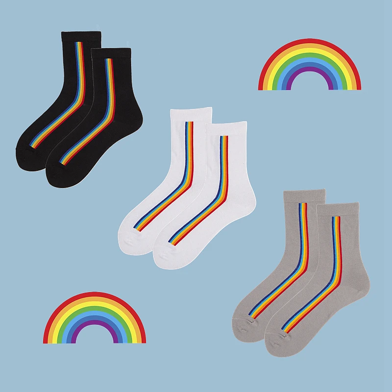

HUI GUAN Harajuku Pure Color Rainbow Pattern Socks Women Original Vintage Socks All Cotton Stretchy Soft Fashion Women Socks