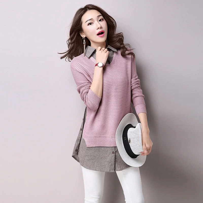 2016 New Women tops Fake two-piece shirt turn-down collar sweater slim fashion clothing women sweater Pullovers female 1012-65F